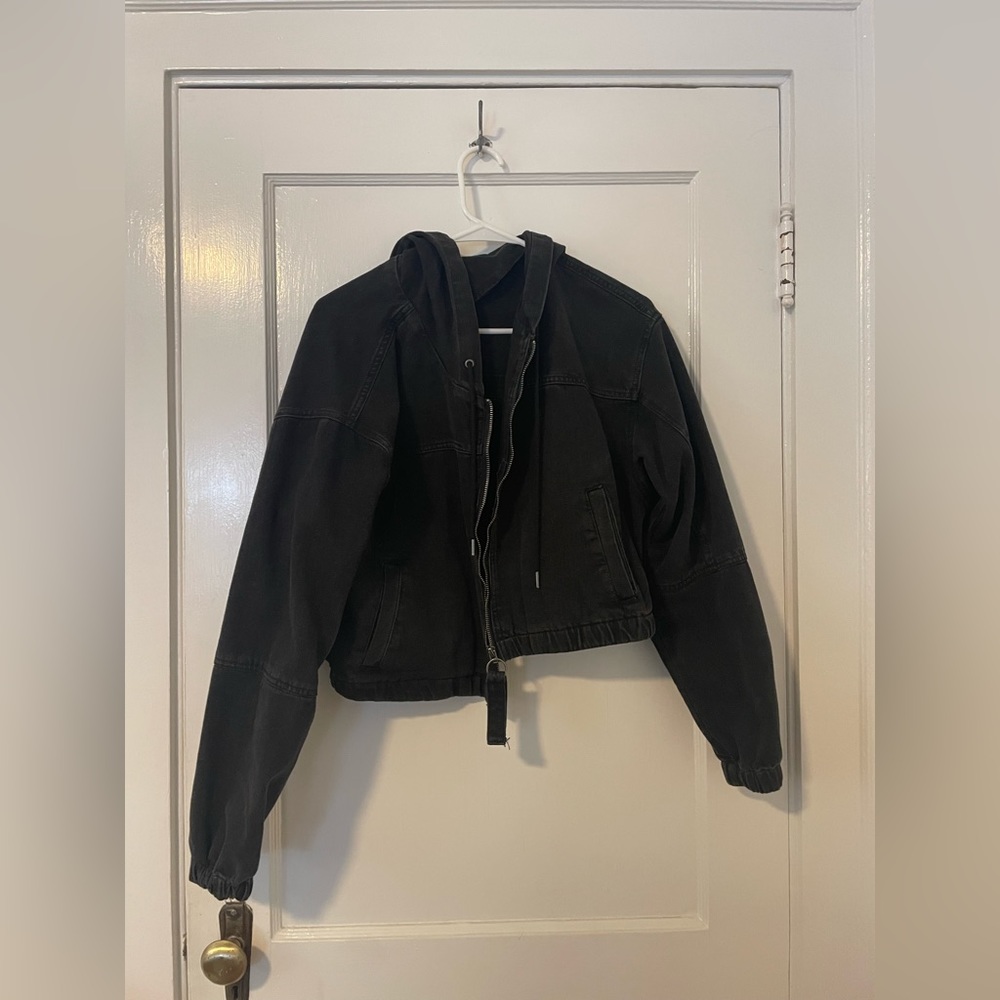Black jean jacket with hood
